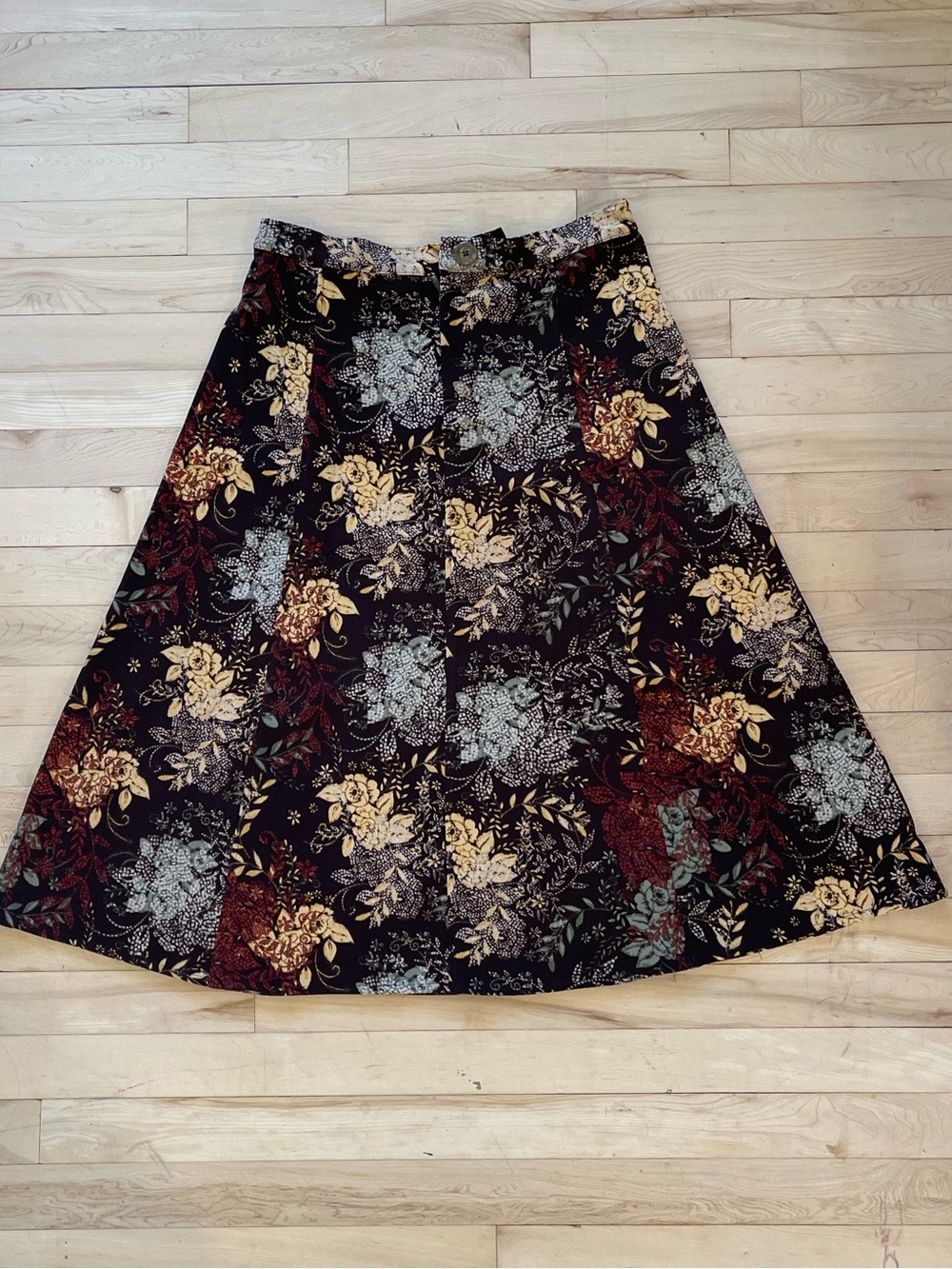 Y2K Floral A-Line Midi Skirt in Brown with Multicolor Blooms